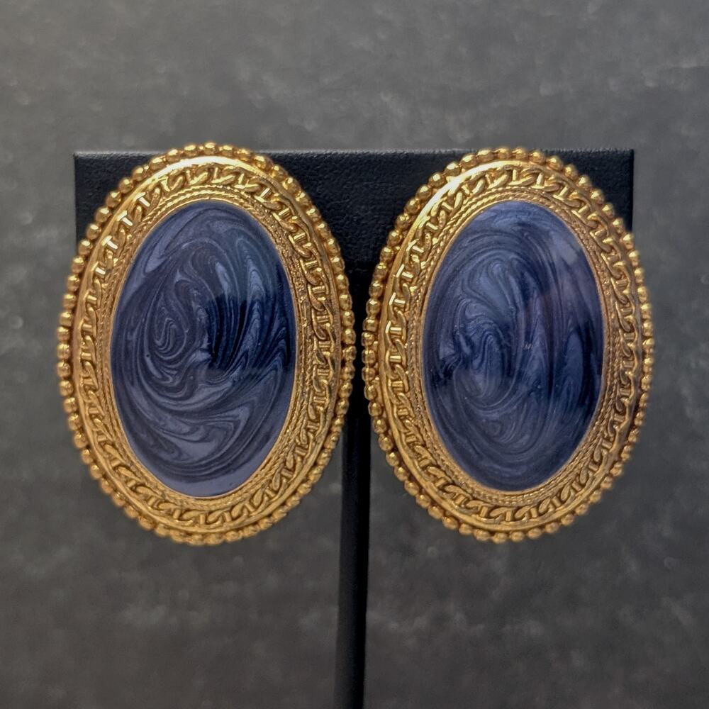 Vintage Clip On Earrings Extra Large 1.75" Oval Gold Tone & Dark Blue Enamel - Picture 2 of 5